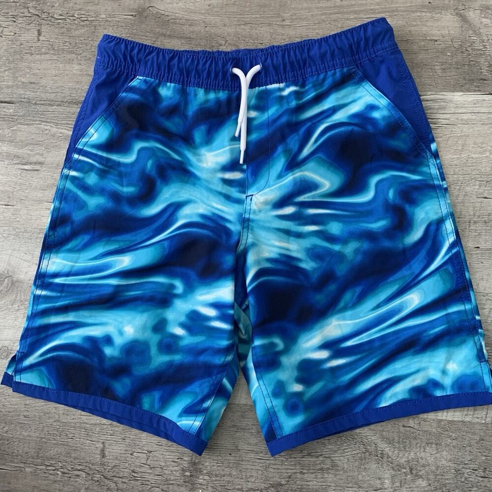 Lands End Swim Trunks Boys XL 14-16 Blue Swirl w Liner Shorts Elastic Pockets